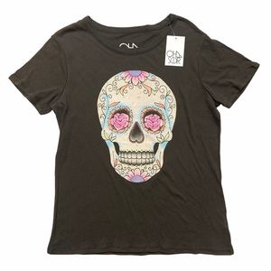Chaser Women's Top Floral Skull Graphic Tee Shirt